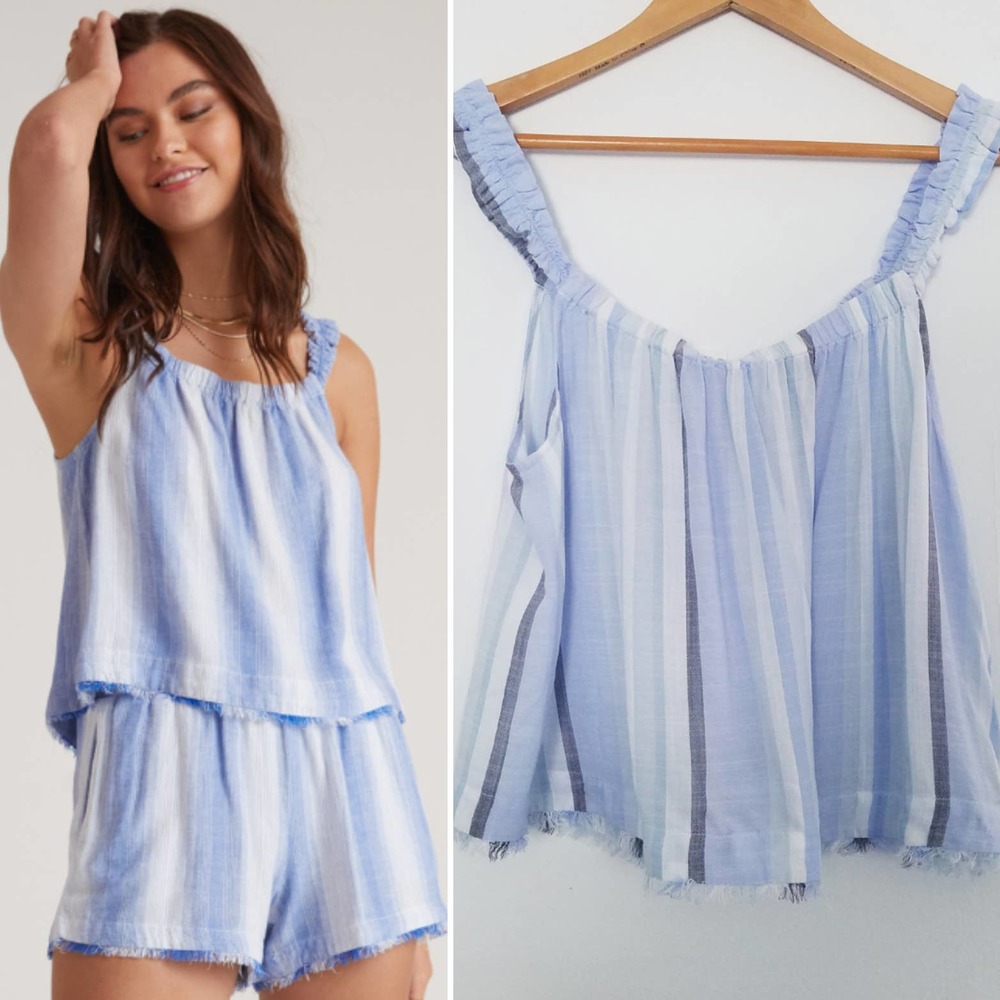 New CLOTH & STONE Fringe Ruffled Scrunchy Strap Tank Top Large Blue/ White
